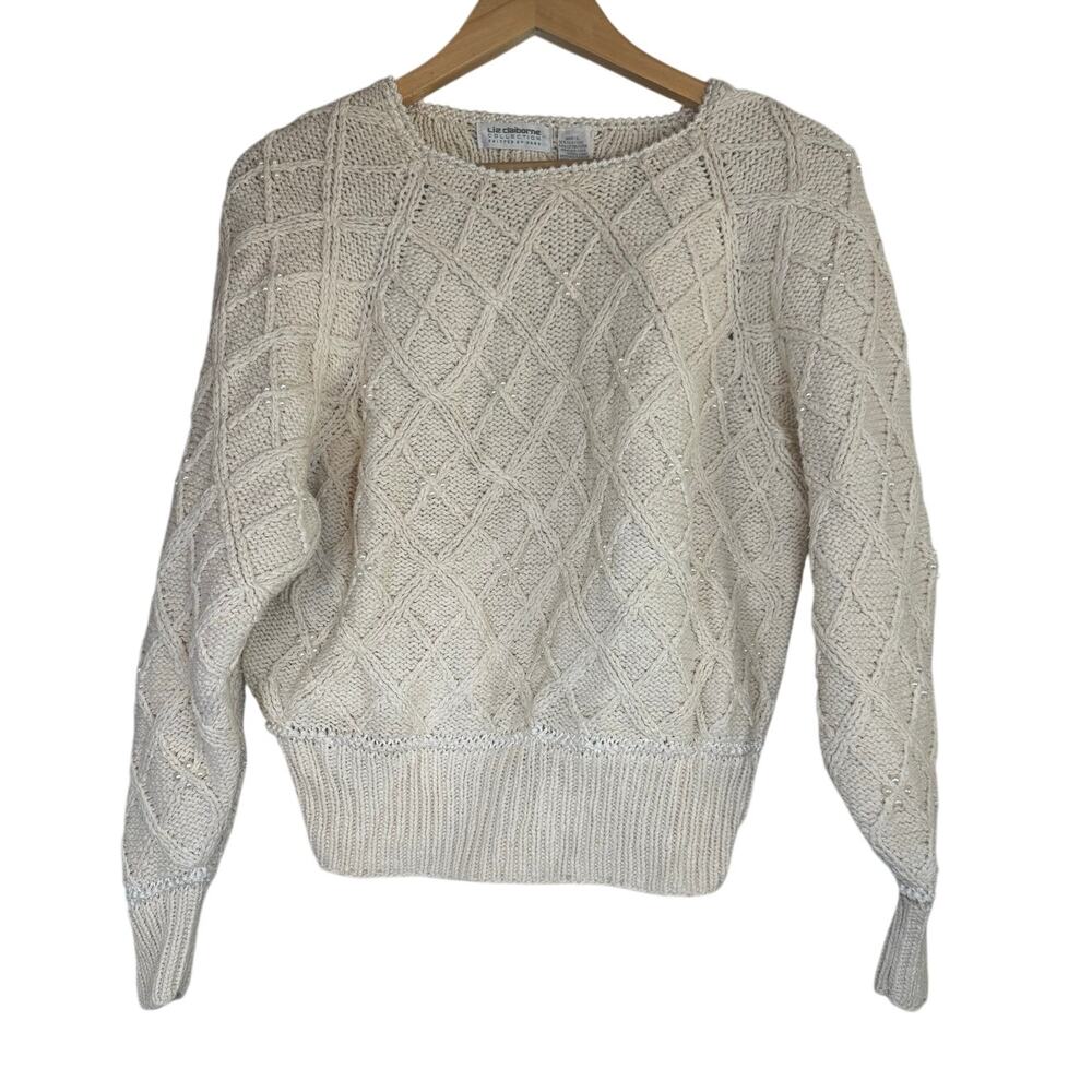 Vintage Silk Cotton Chunky Beaded Sweater Women Large Cream Beige Preppy Coastal